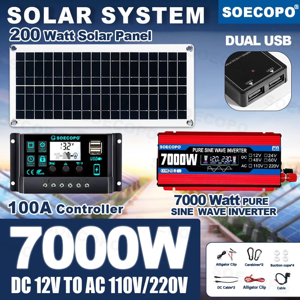 Kit Sistema Solare da 7000W di Potenza di Picco con Inverter a Onda Pura 110V/220V, Pannello da 200W e Regolatore da 100A per Picnic, Feste, Serra, Giardino e Casa