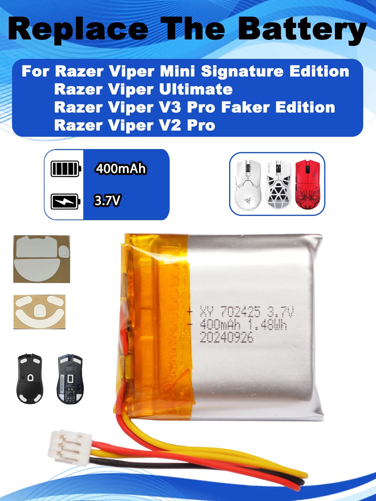 3.7 V 400 mAh Mouse Replacement Battery for Razer Viper Ultimate V2Pro V3Pro Mini Signature Edition Wireless Mouse Feet