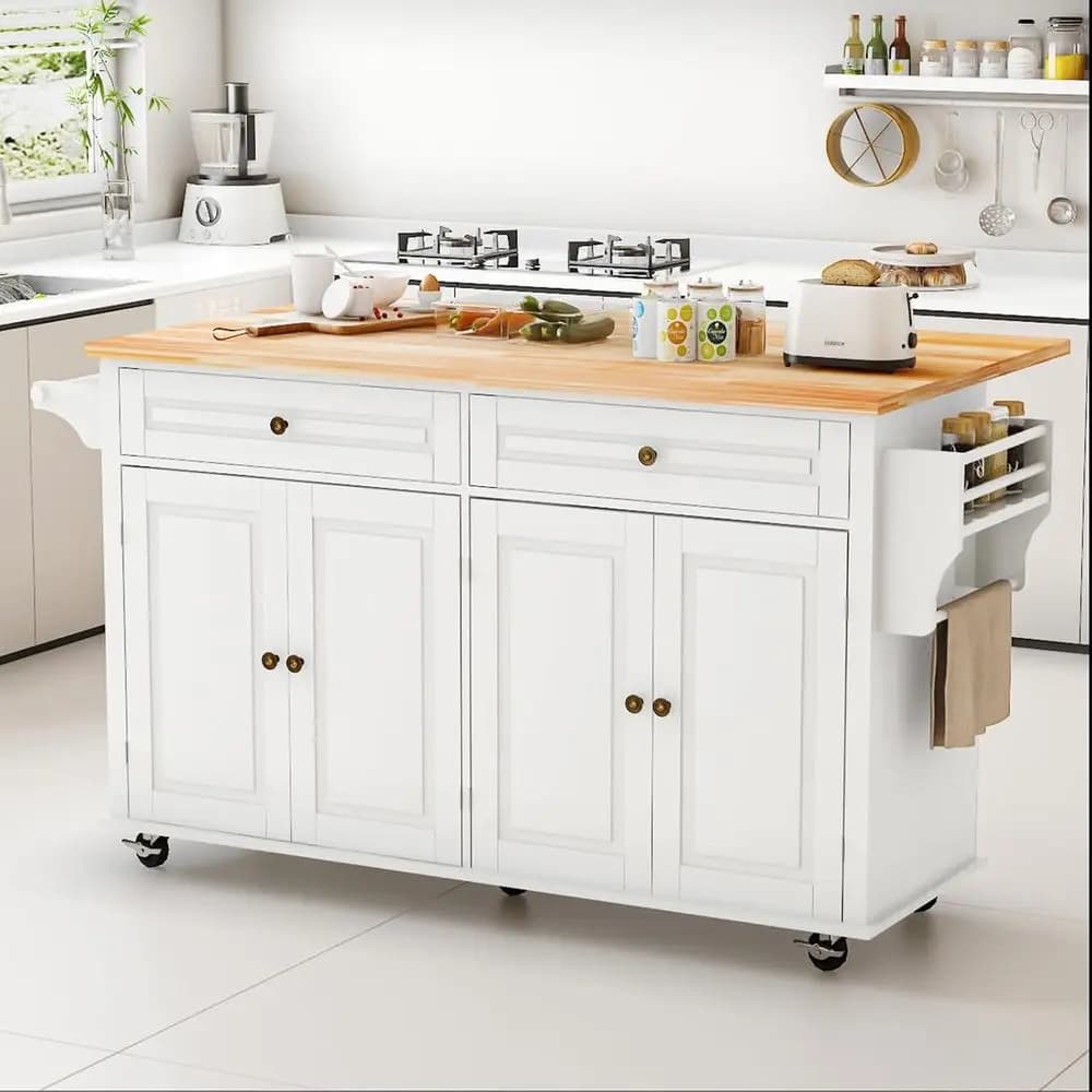 Carrello da Cucina Bianco con Piano in Legno, Ruote, Ripiano Pieghevole, Vano Portaoggetti, Porta Spezie e Portasciugamani