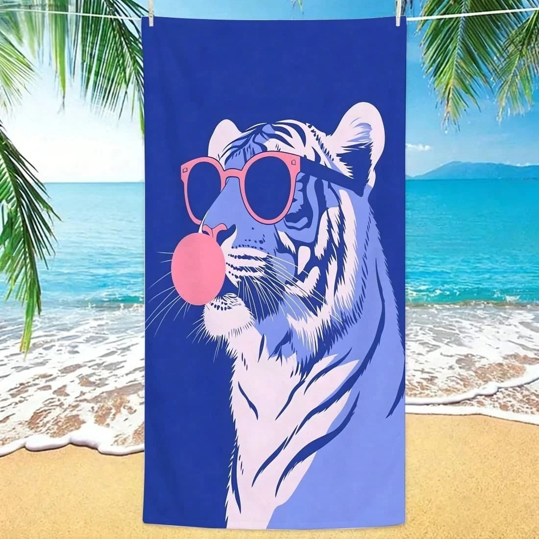1PC Divertente Asciugamano da Spiaggia a Forma di Tigre con Motivo Bubble Gum, Asciugamano da Nuoto in Poliestere ad Asciugatura Rapida, Leggero e Morbido, Asciugamano da Viaggio per Spiaggia e Campeggio, Unisex, Regalo