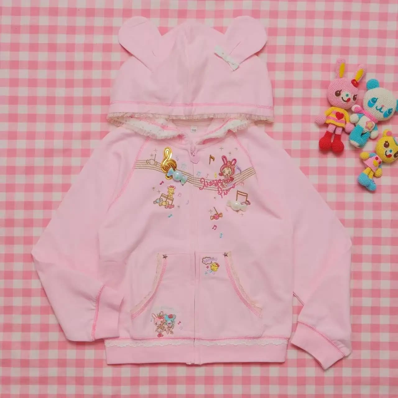 Kawaii Japanese Hoodie Cartoon Patch Pocket Ruffle Trim Soft Girl Sweatshirt Zip-Up Fashion Cute Daily Casual Long-Sleeve Top