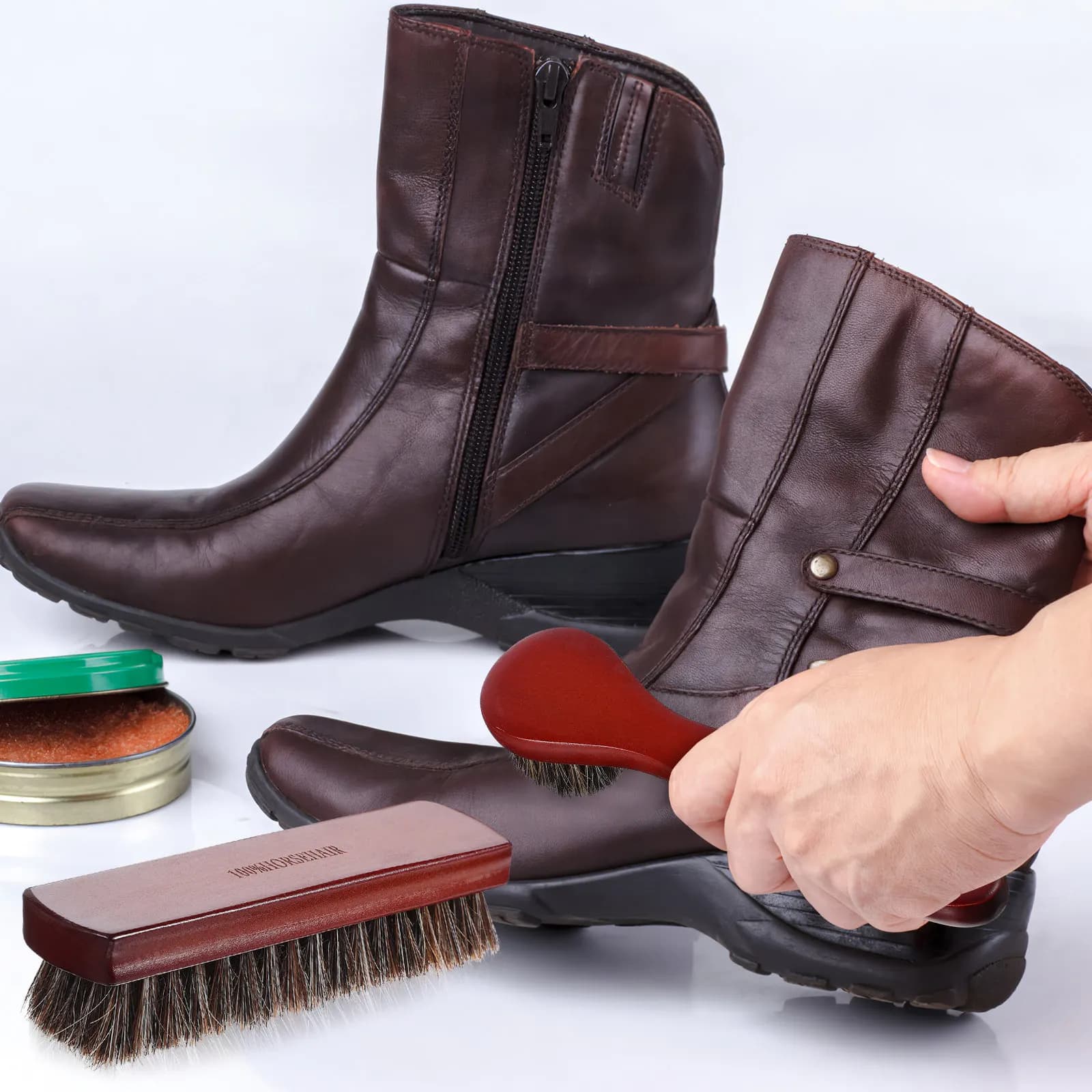 2 Spazzole per Scarpe in Crine di Cavallo con Manico in Legno, per Pulizia di Scarpe, Auto e Mobili, Rimozione Dettagliata della Polvere
