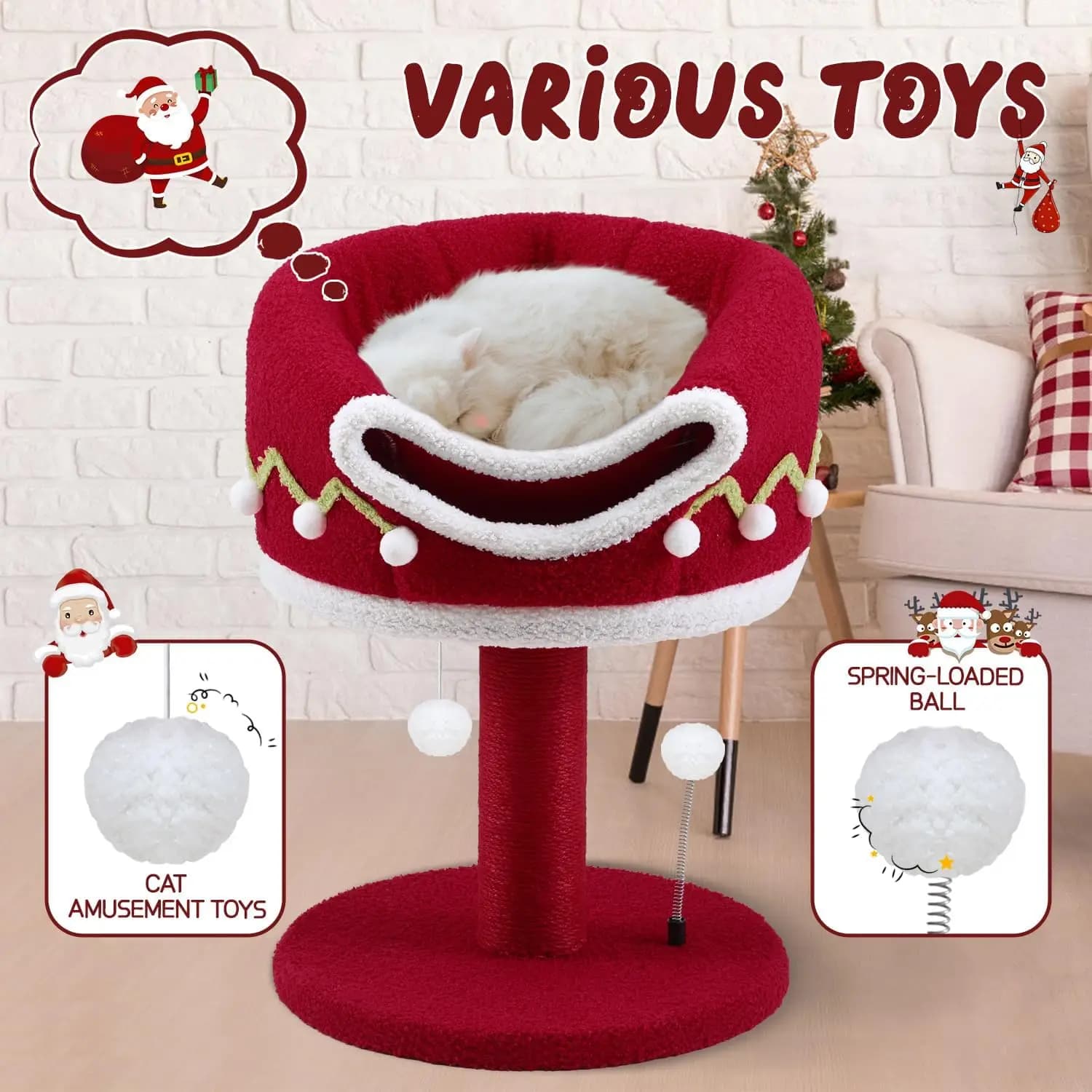 33inch Tall Christmas Cat Tree Towel House With Bed Sisal Scratching Post And Hanging Ball For Indoor Cat Furniture