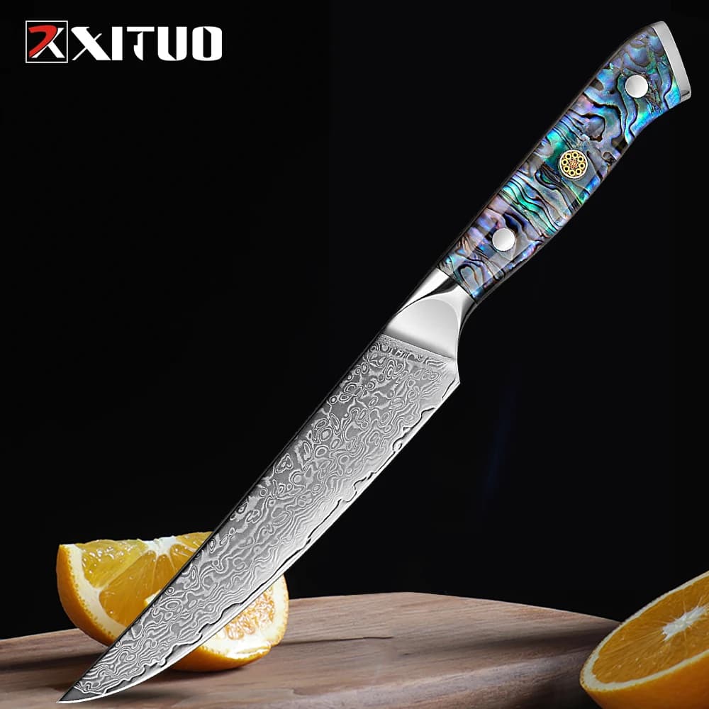 Coltello da frutta multiuso in acciaio damasco giapponese coltello da cuoco da cucina Ultra affilato manico in Abalone acrilico per carne tagliata da cucina domestica