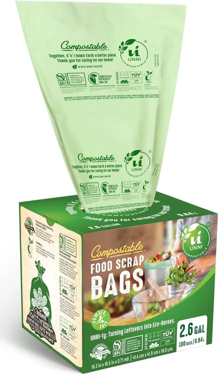 Sacchetti per Rifiuti Compostabili, 2,6 Galloni/9,84L, Confezione da 100, Sacchi Extra Spessi per Cestini da Cucina, Certificati Compostabili
