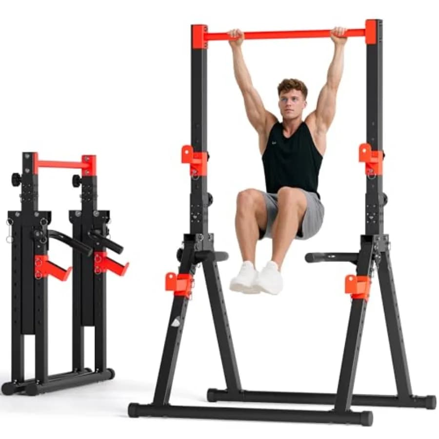 Foldable and adjustable Power Tower traction station, triangular design, self-supporting, steel home training equipment