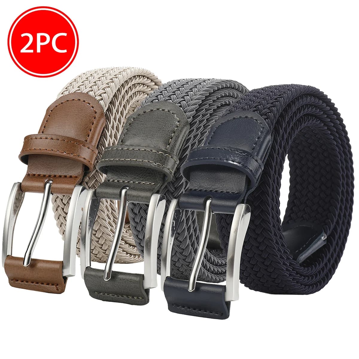 2pcs men's elastic woven belt, needle buckle elastic woven non perforated waist belt, casual adjustable comfortable waist belt