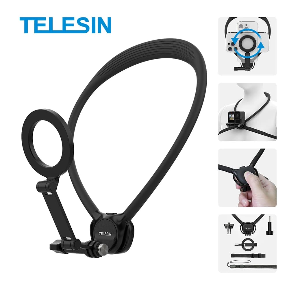 Supporto Magnetico 2in1 TELESIN per Telefono e Action Camera, Montaggio al Collo per GoPro, Insta360, DJI OSMO Action e Telecamere Universali