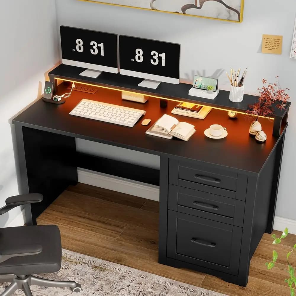 47 Modern Executive Desk with Monitor Stand, LED-lit, Power Outlets, Ideal for Home Office or Study in Black