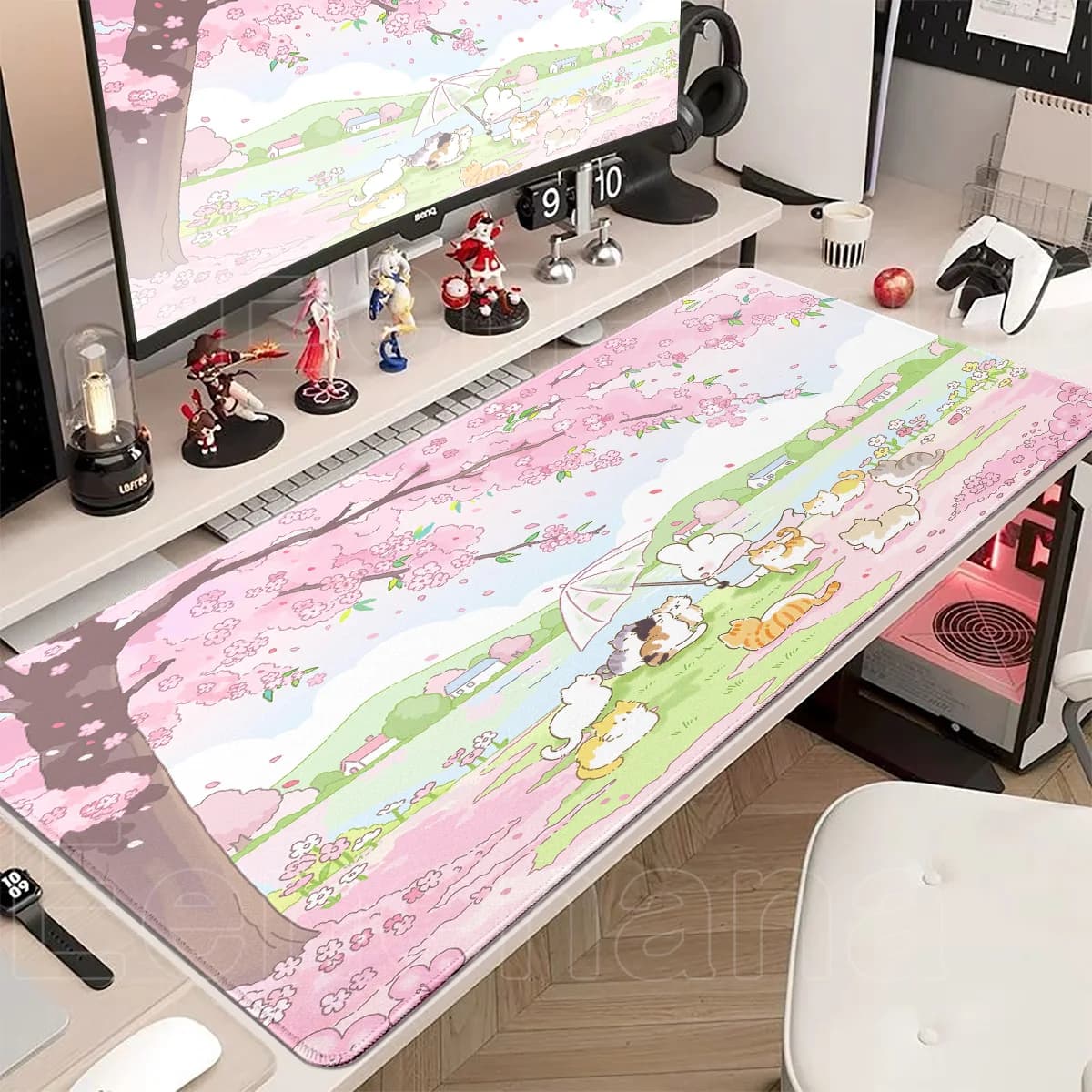 Tappetino per Mouse Grande a Forma di Coniglio Primaverile, Rosa XXL, per Gaming, Laptop, Kawaii, con Fiori, Antiscivolo, Accessori per Ufficio