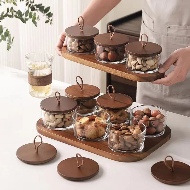 Piatto di frutta secca giapponese piatto di stoccaggio Snack stoviglie per la casa piatto Snack ciotola di vetro con coperchio vassoio in legno