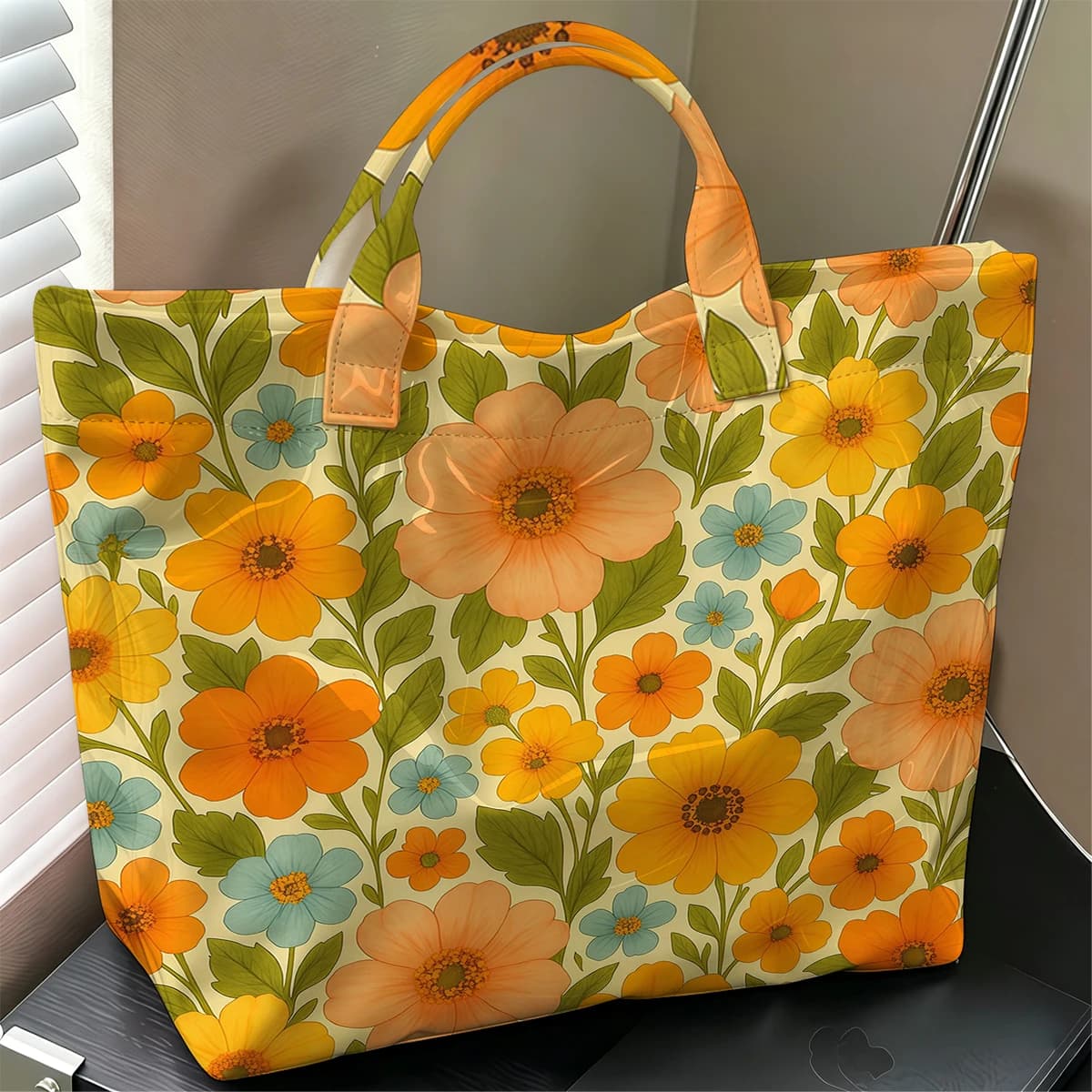 Warm Orange Retro Floral Hot Sale Large Glossy PVC Tote Bag Hand Washable Waterproof for Travel Commute Makeup Storage Handbags