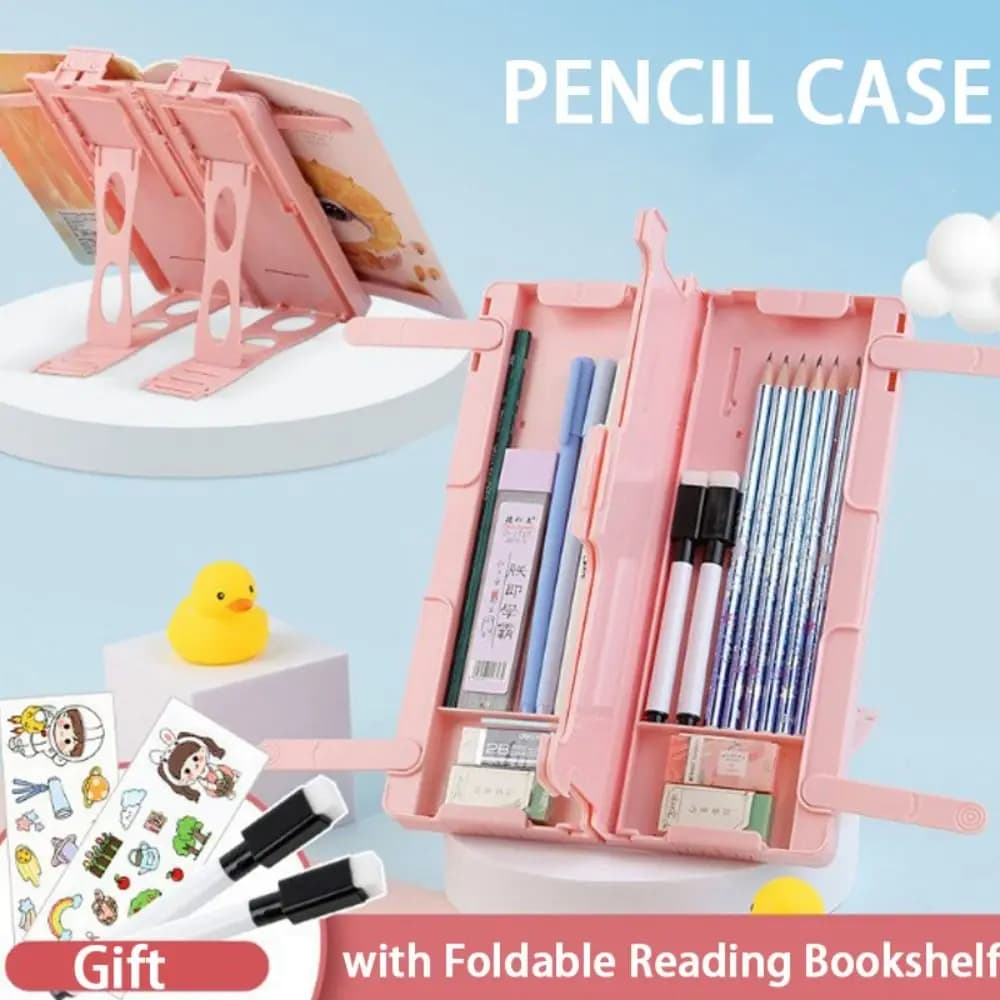 Astuccio multifunzione 2in1 Supporto per libri con meccanismo pieghevole per libreria da lettura Scatola per matite Staffa regolabile in plastica