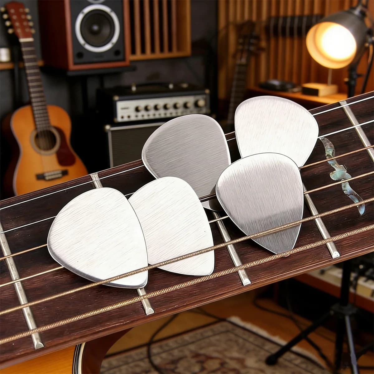 Plettri in acciaio inossidabile da 0,3 mm, 12 pezzi, plettri in metallo robusti e durevoli, perfetti per chitarra acustica, chitarra elettrica, ZSY