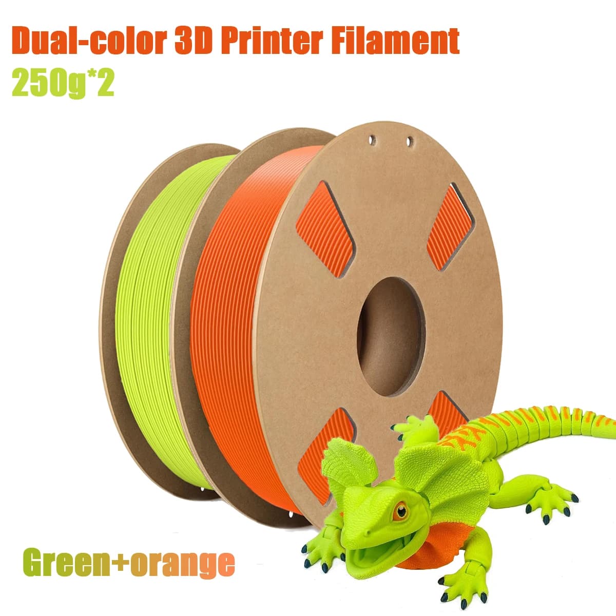 Filamento PLA 3D, bobina da 200g/250g/500g/1000g, 1,75mm ±0,03mm, bicolore (arancione/verde)
