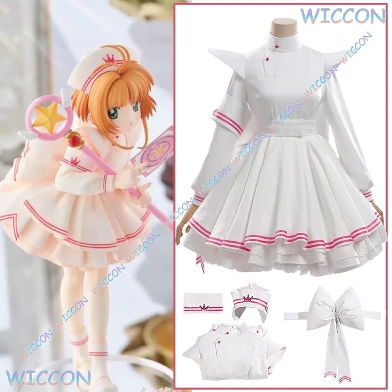 Anime Card Captor Sakura KINOMOTO SAKURA Costume Cosplay Kinomoto Sakura Bianco Infermieri Vestito Uniformi Da Combattimento Parrucca Femminile Halloween