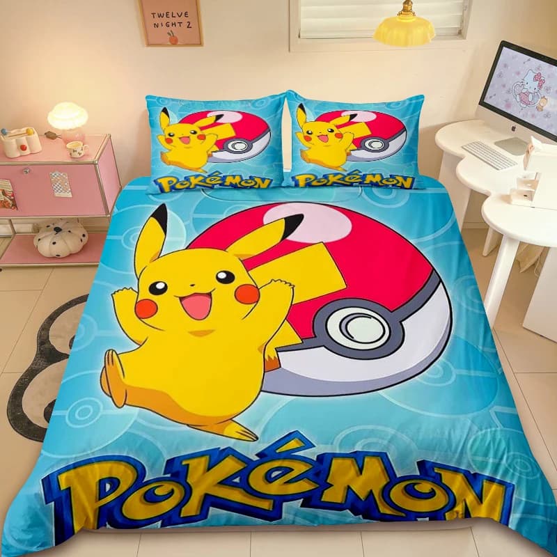 Pikachu 3 Piece Cute Duvet Cover Pokemon Bedlinen Bedlinen Curtain Queen King Size For Teenagers Bedroom Furniture Bed
