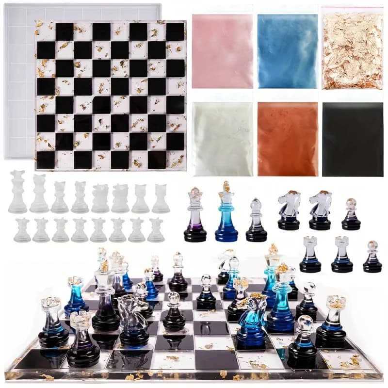 Set di scacchi da 23 pezzi con stampi in silicone - Kit artigianale fai-da-te per giochi da tavolo, include pezzi 3D a grandezza naturale e stampo per colata di resina