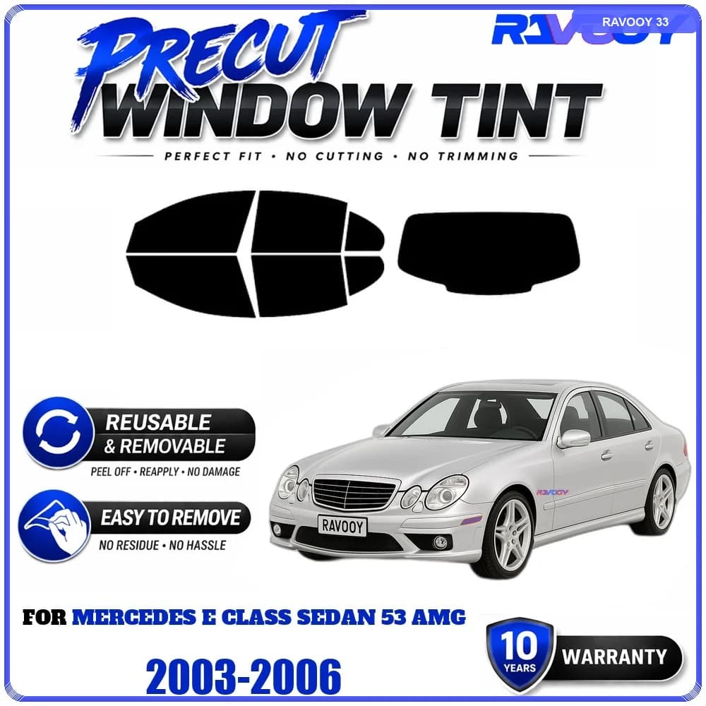 Precut Window Tint, Reusable Removable EPU Film, Custom Fit for Mercedes E Class Sedan 53 AMG 2003-2006, UV Heat Protection