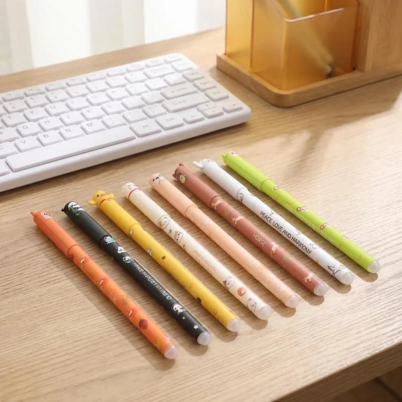 Set of 8 Clearable Gel Pens with Animal Design, Rechargeable Writing Tool for Office, School, Home and Diary