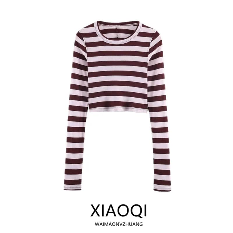 Spring 2026 Women's Fashion Versatile Long Sleeve round Neck Striped Short T-shirt Casual Slim Fit Style New Arrival 3253316