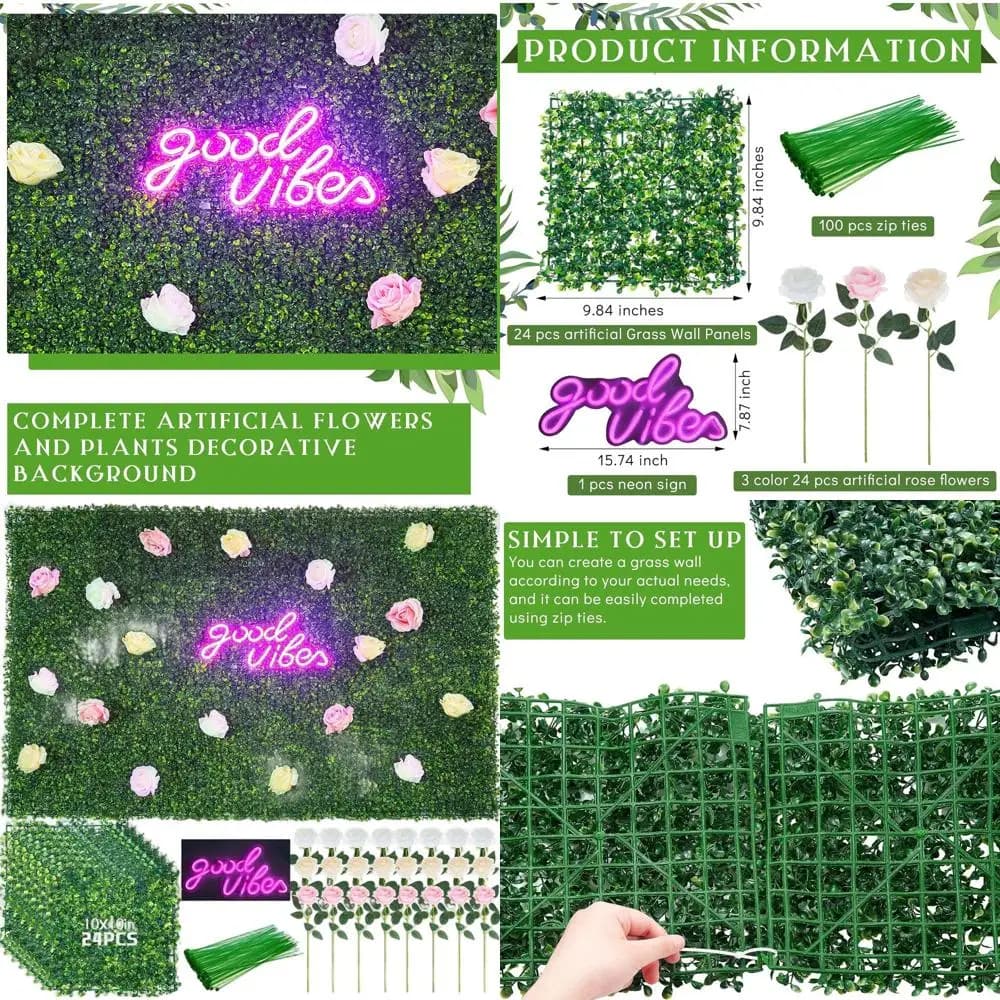 10 pannelli murali con fiori di erba artificiale da 10 x 10 con 24 rose e insegna al neon rosa, ideali per l'arredamento della camera da letto o del addio al celibato