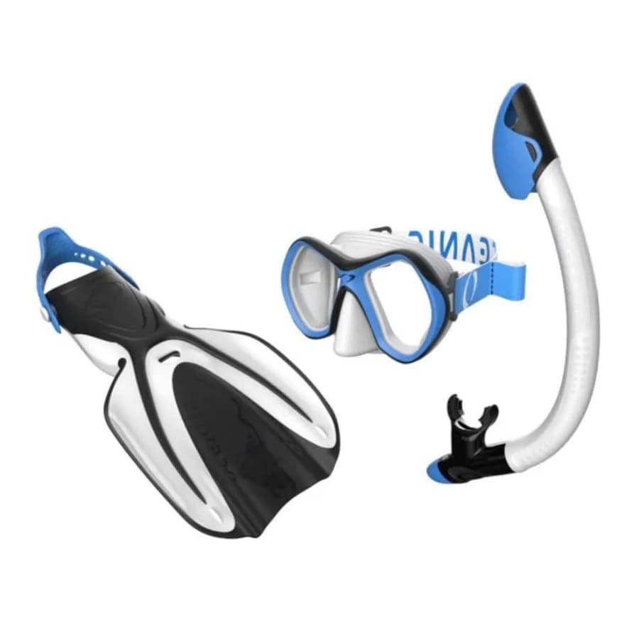 Set da snorkeling per ragazzi: maschera in vetro temperato, pinne regolabili, snorkel Dry-Top blu/grigio, sicuro e confortevole per bambini e ragazzi.