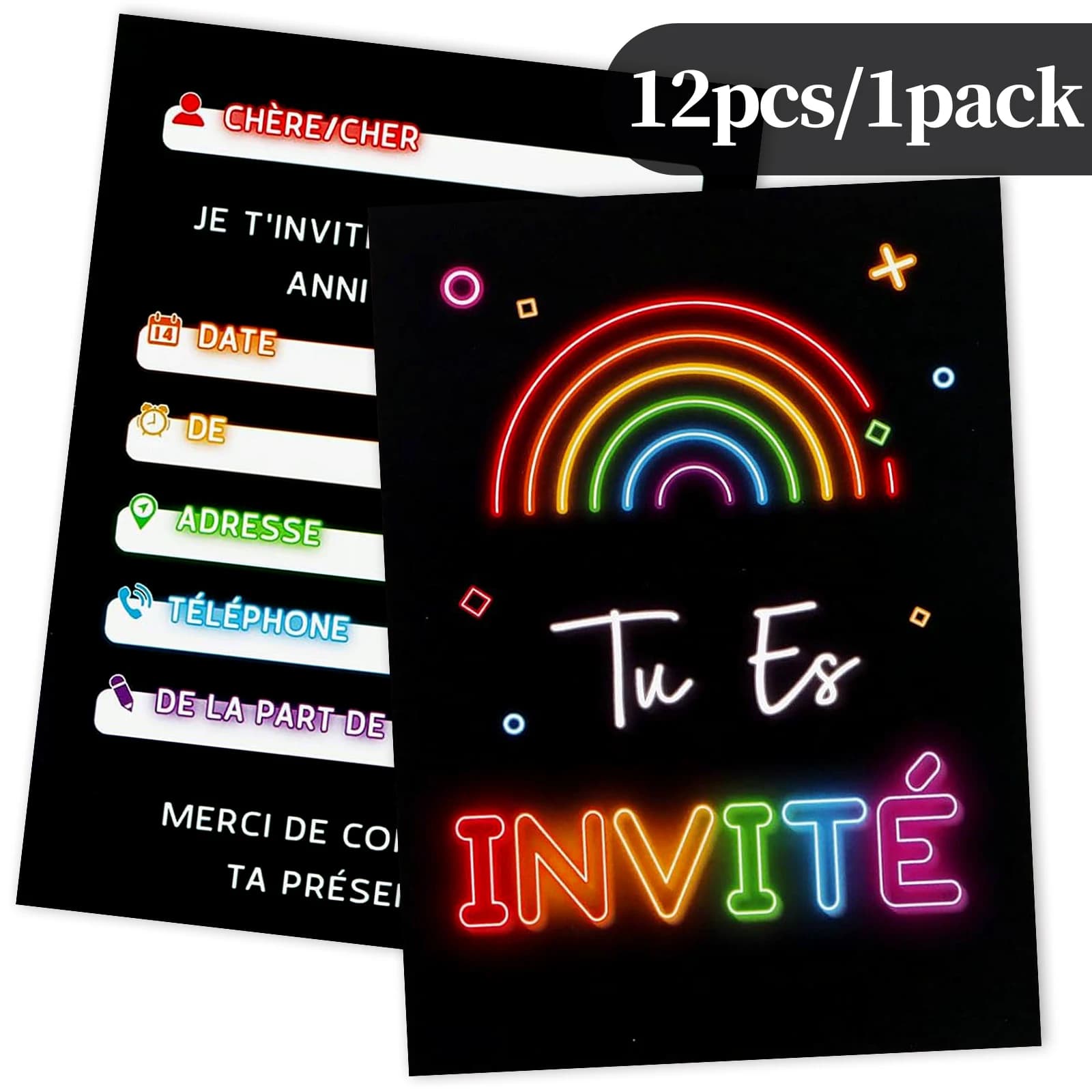 12 biglietti d'invito per feste al neon in stile francese: design al neon arcobaleno con sfondo nero, adatti per ragazzi, ragazze, bambini