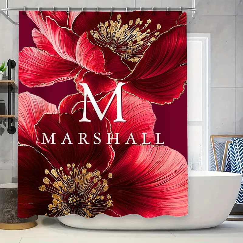 Tenda da doccia da bagno di lusso, design floreale stampato di grandi dimensioni con logo per decorazioni da bagno, modello 3D di ibisco rosso, dimensioni personalizzate