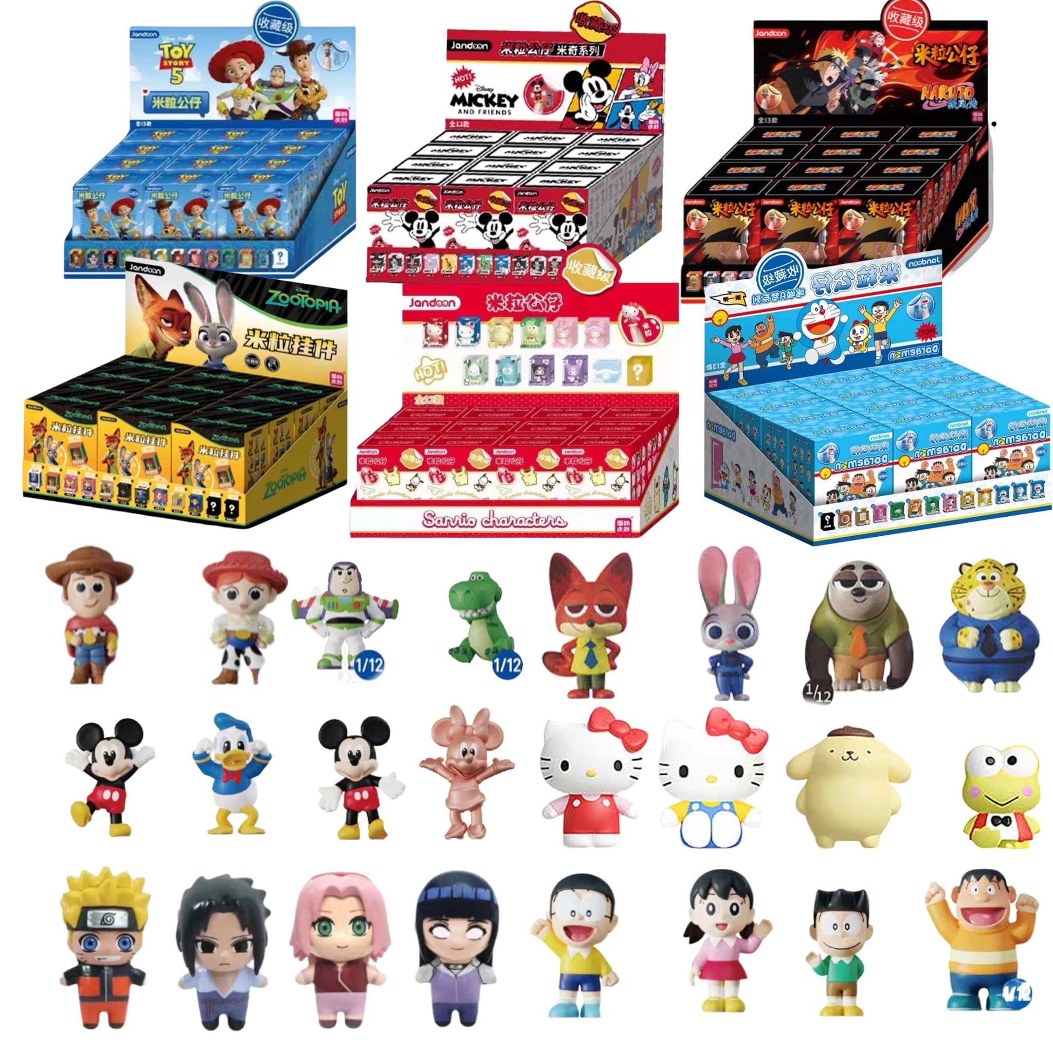 JANDOOM Toy Story Stitch Mickey Mouse Winnie Zootopia Doraemon Action Figure Rice Grains Doll Model Blind Box Toys Modei Gifts