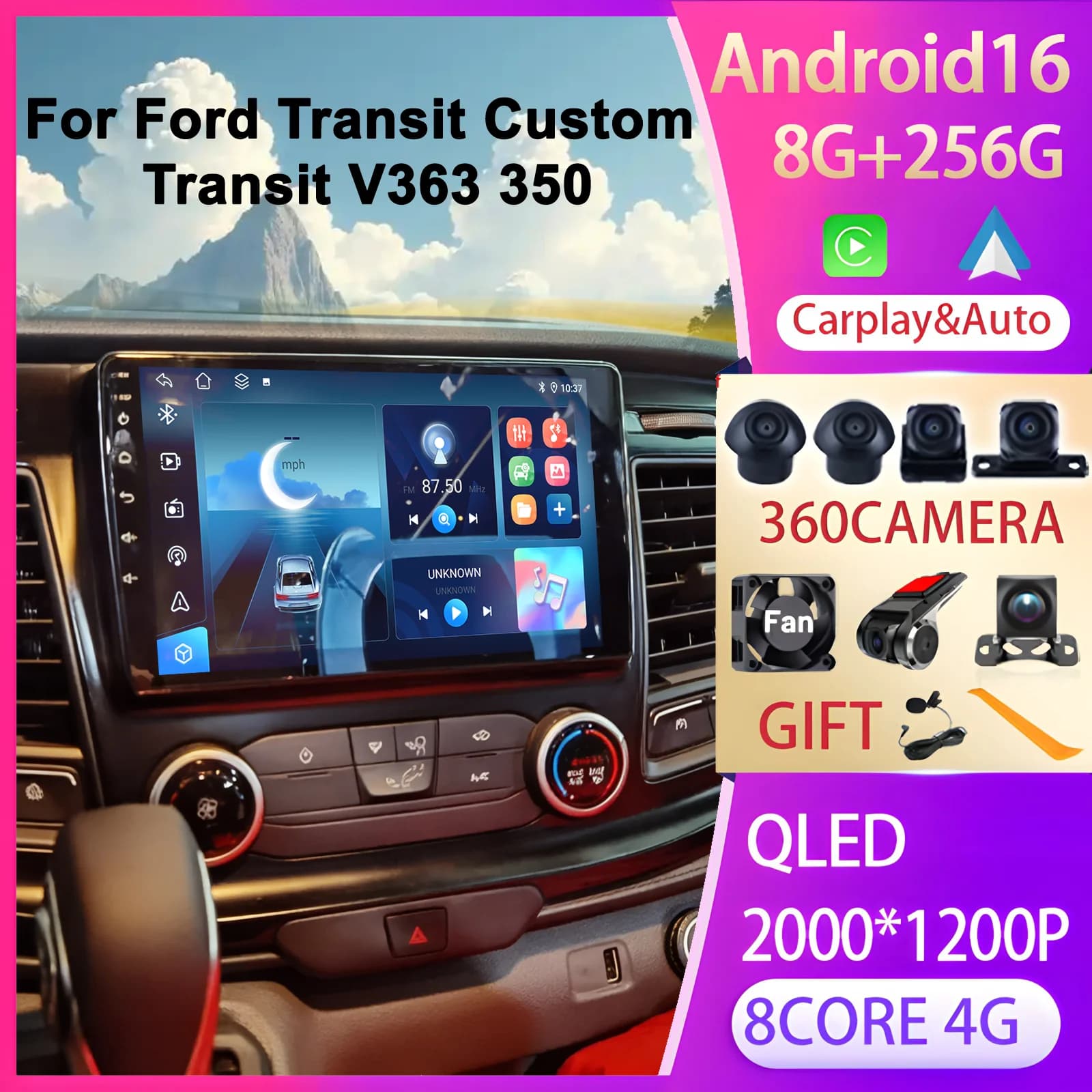Autoradio with Carplay and Android Auto for Ford Transit Custom Transit V363 350, Intelligent Auto System with GPS, Navigation, FM, BT