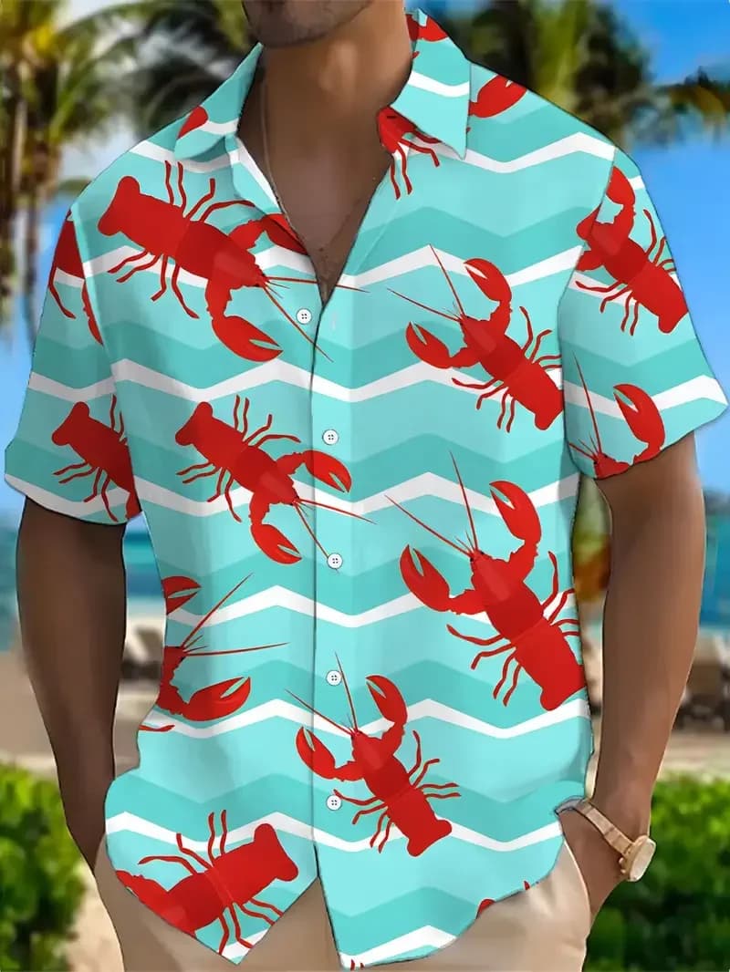 Camicia Hawaiana con Stampa di Piccoli Aragoste, Abbigliamento Unisex, Camicia da Spiaggia Estiva a Maniche Corte con Bottoni