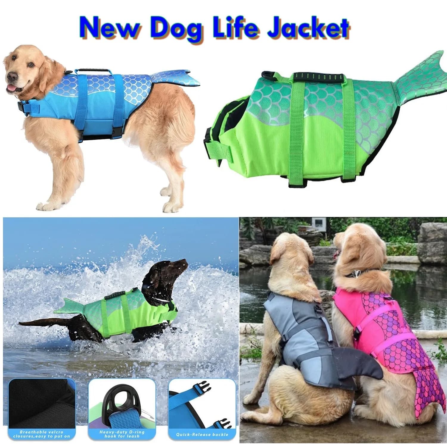 Giubbotto di salvataggio per cani da compagnia Gilet Abbigliamento Gilet di salvataggio Collare Imbracatura per cani Nuoto Costumi da bagno estivi Giubbotto di salvataggio con squalo sirena