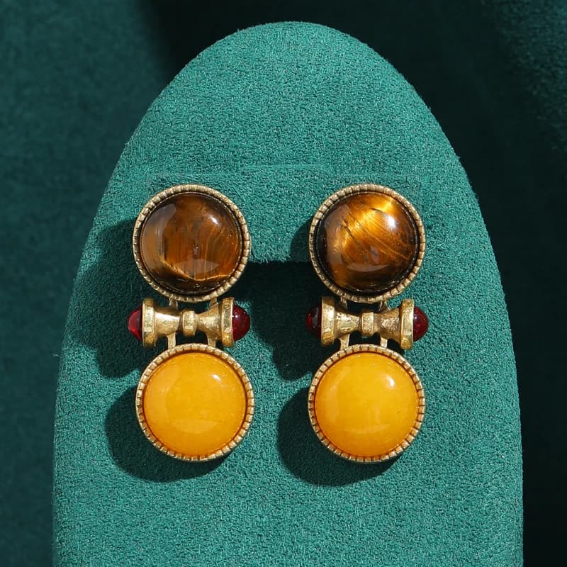 Vintage Tiger Eye Earrings Beeswax Natural Stone Dangle Antique Gold Plated Bamboo Jewelry Women Retro 2026 Music Festival Charm