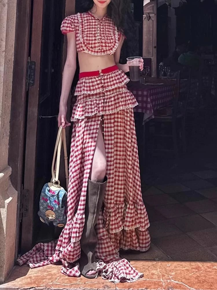 French Spice Girl Retro Plaid Y2k Set da 2 pezzi Top a maniche lunghe da donna + Gonna irregolare Nuovo design Vintage High Street Outfits