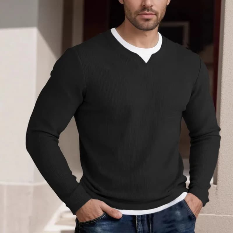 Men's T-shirt with long sleeves knit waffle effect two pieces, casual spring with V-neck