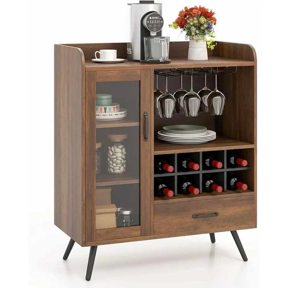 Mobile Bar Portabicchieri a 3 Livelli con Ripiano Rimovibile, Porta in Vetro Temperato, Kit Anti-Ribaltamento, Marrone Rustico
