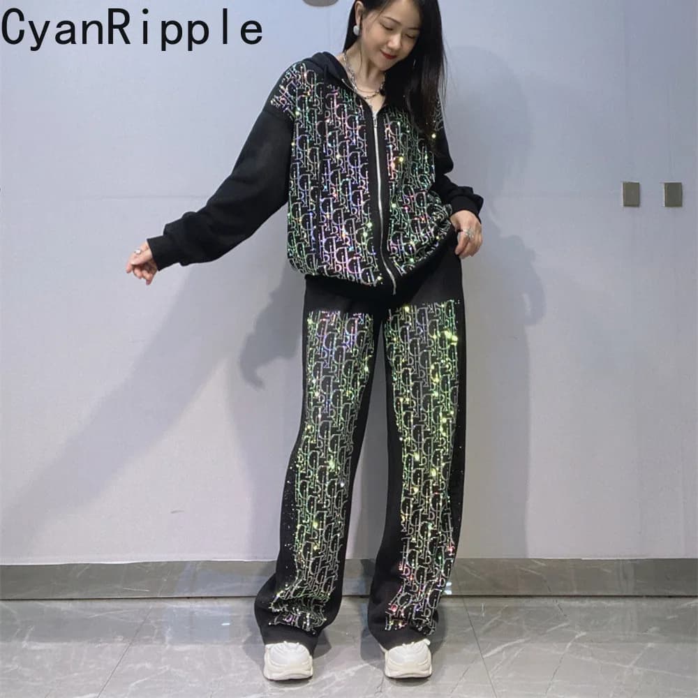 Fashion New Autumn Winter Women Hoodie Set Letters Hot Diamonds Hooded Zip Cardigans Coat + Elastic Waist Loose Straight Pants