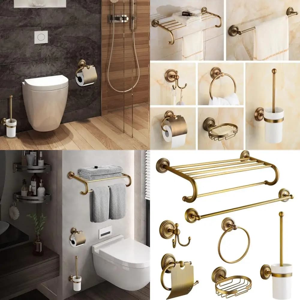 Set di accessori da bagno in ottone anticato dorato da 7 pezzi - Portasciugamani doppio da 24 pollici e portasciugamani in ottone spazzolato - Portasciugamani da parete per bagno