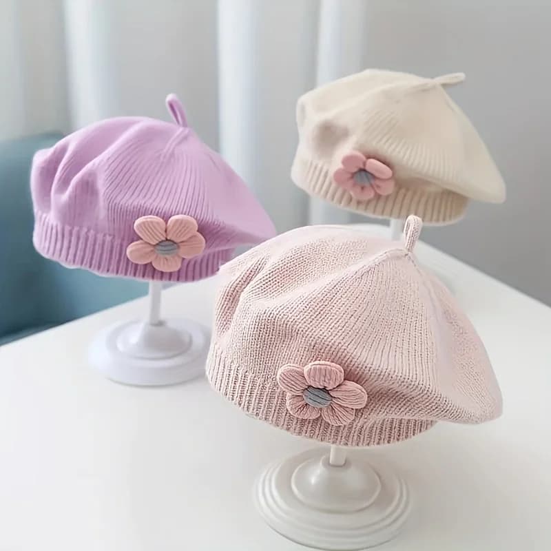 Cappello berretto da bambino con fiore Berretto invernale lavorato a maglia caldo per bambine Berretti da pittore in tinta unita per principessa coreana per bambini