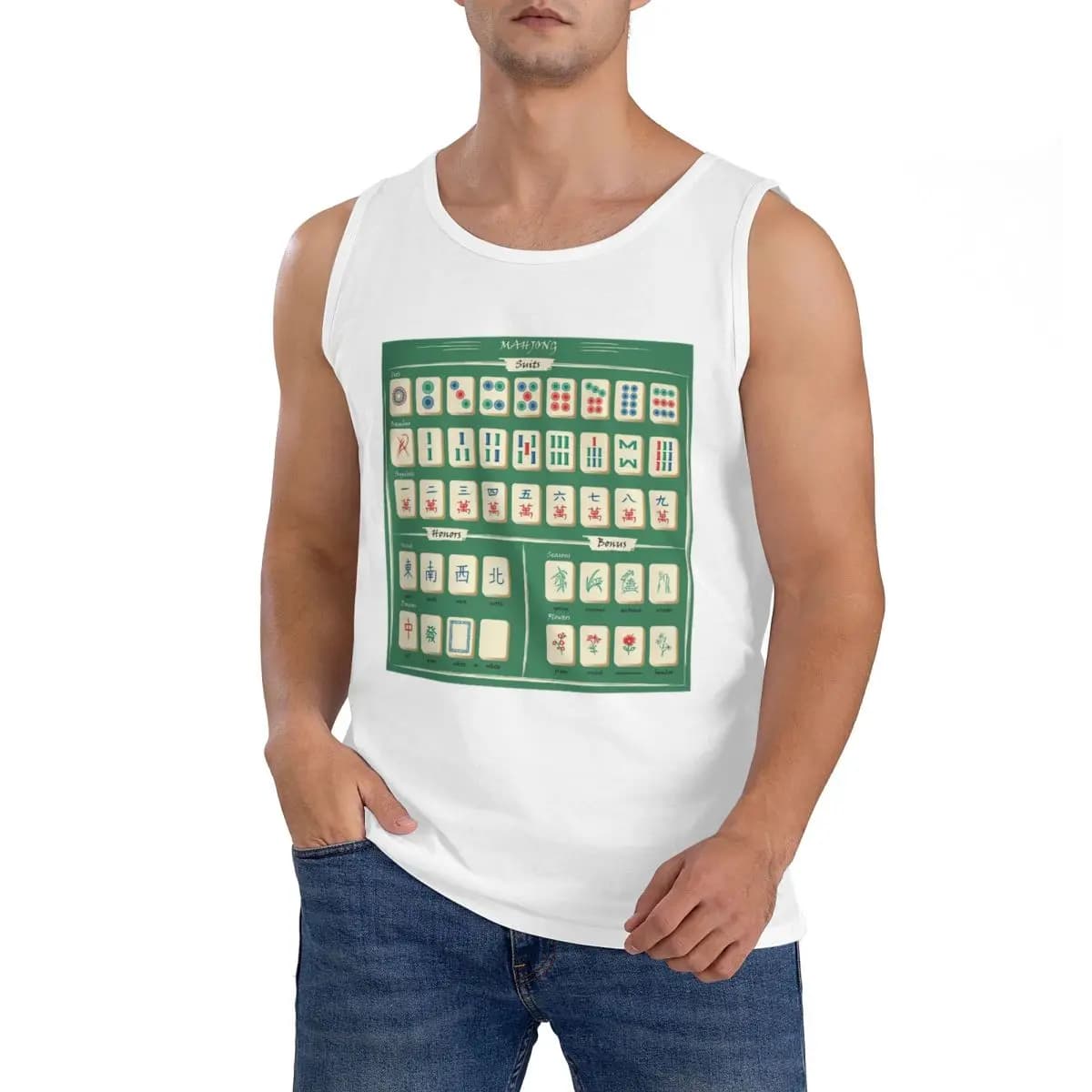 T-Shirt Senza Maniche 100% Cotone con Motivo Mahjong, Abbigliamento Sportivo da Uomo, Top da Allenamento, Canotta con Collo Rotondo