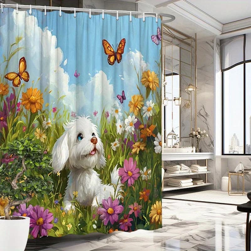 Soffice tenda da doccia per cani bianca - Scena primaverile con fiori e farfalle, poliestere, 12 ganci, 70,8x70,8 pollici, facile da pulire