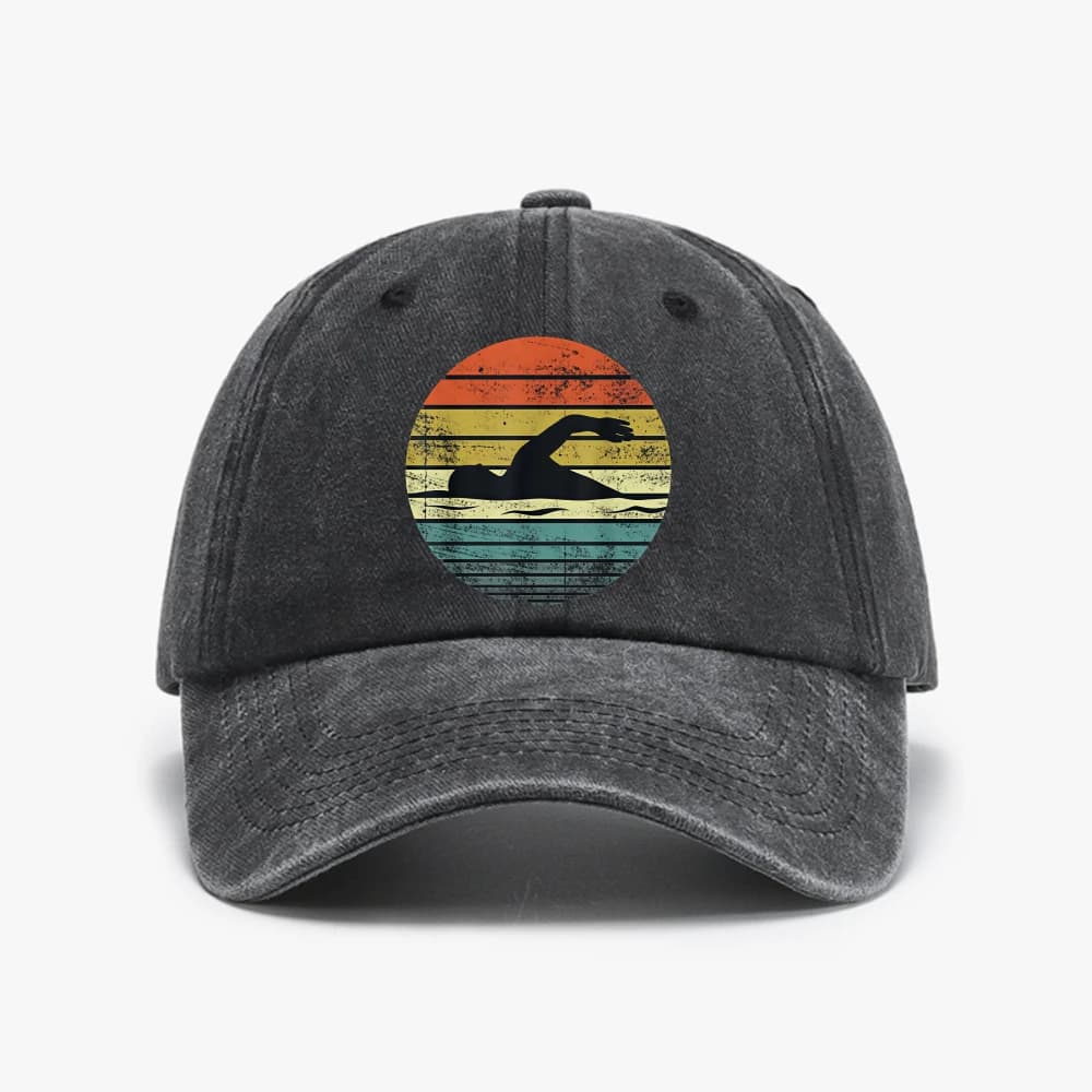 Funny Swimmer Gifts hat Retro Vintage Sunset Swim Coach Swimming Baseball Cap Unisex Style Distressed Washed Soft Top Golf hats