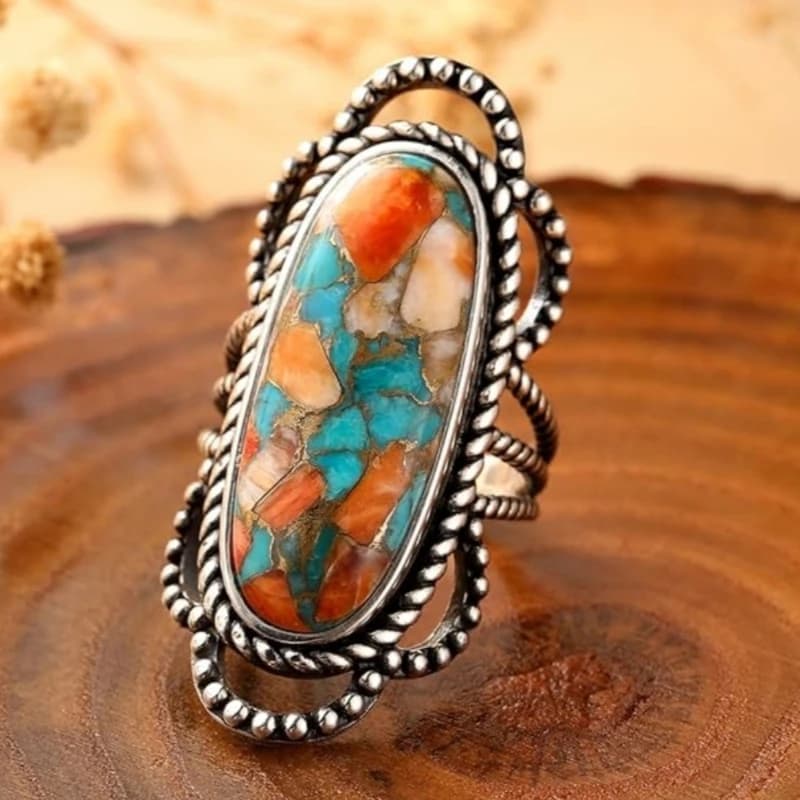 Anello da Donna Vintage in Stile Etnico con Motivo Ovale Colorato, Design Unico per Donne, Accessori per Feste, Gioielli