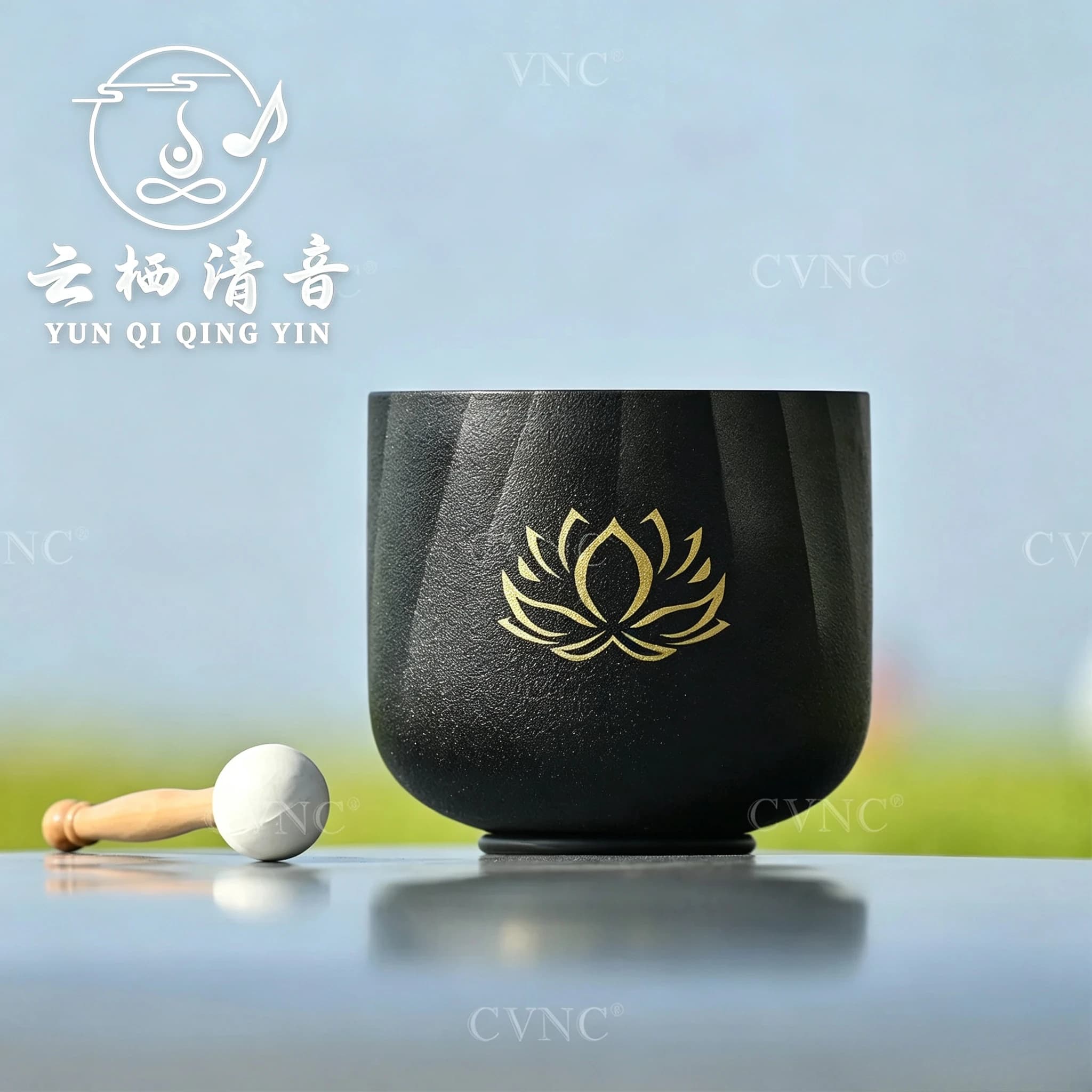 YUN QI QING YIN 6 Inch Double Black Light Shadow Lotus Crystal Singing Bowl Quartz Bowl With Mallet For Sound Healing Meditation