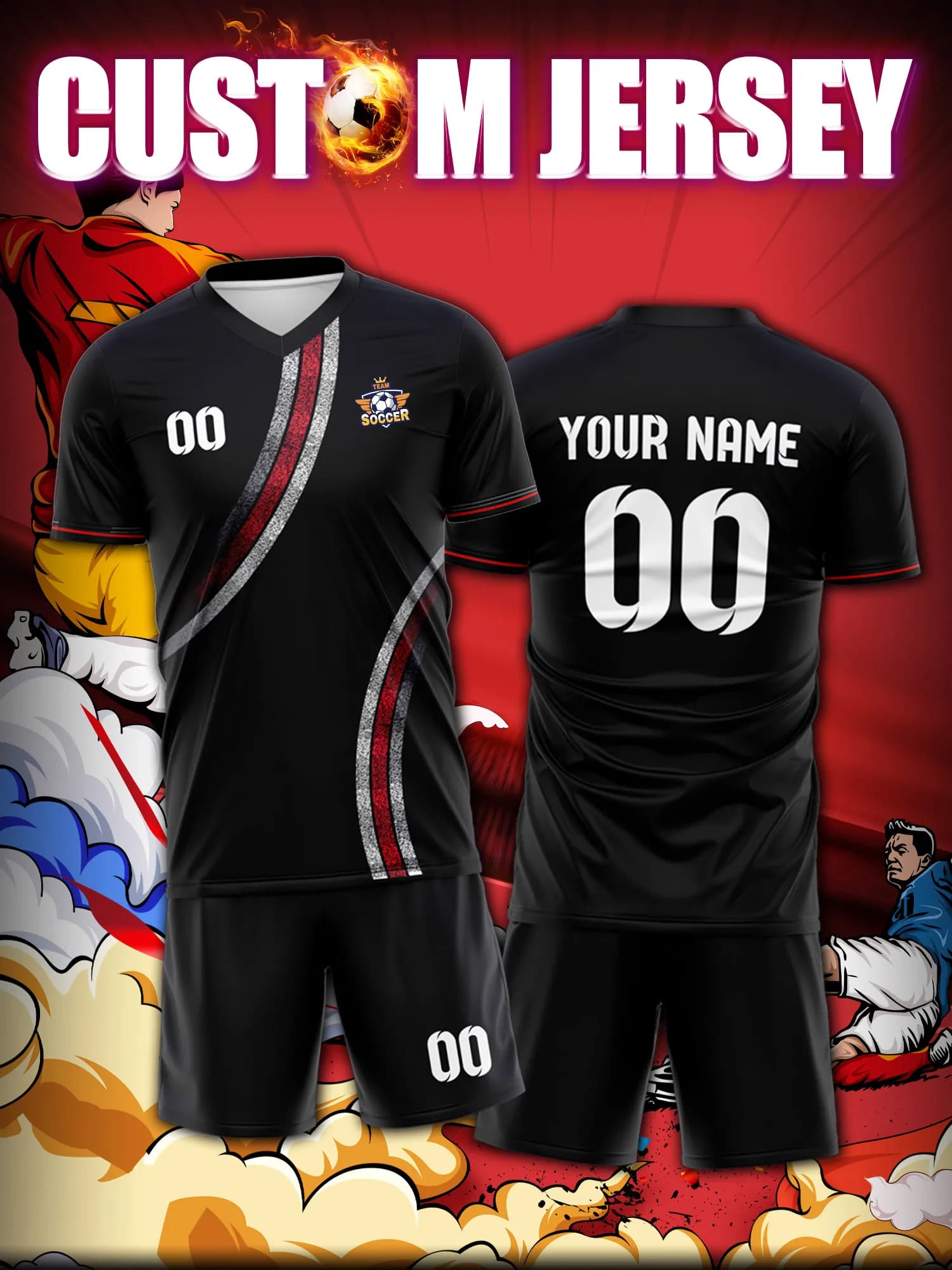 Custom football jersey with image, number and custom name, official club logo, football kit.