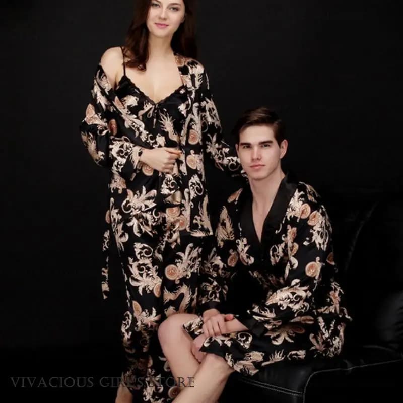 Plus Size Coppia Indumenti da notte Pigiama Stampa Drago Fenice Kimono Abito Accappatoio Pigiama Allentato Rayon Homewear Pigiama Pantaloni Abito