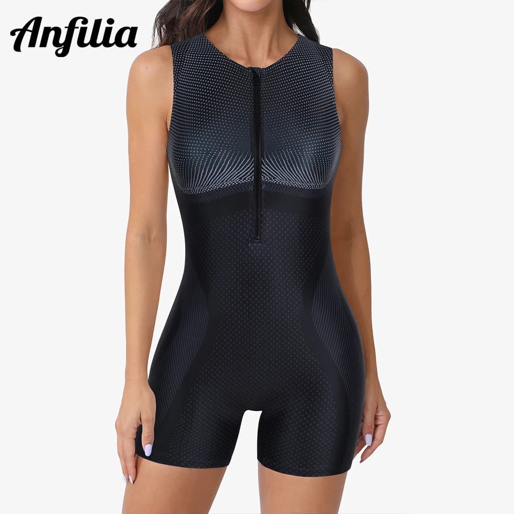 Anfilia Women's Boyleg One Piece Swimsuit Polka Dot Athletic Bathing Suit Zip Swimwear Color Block
