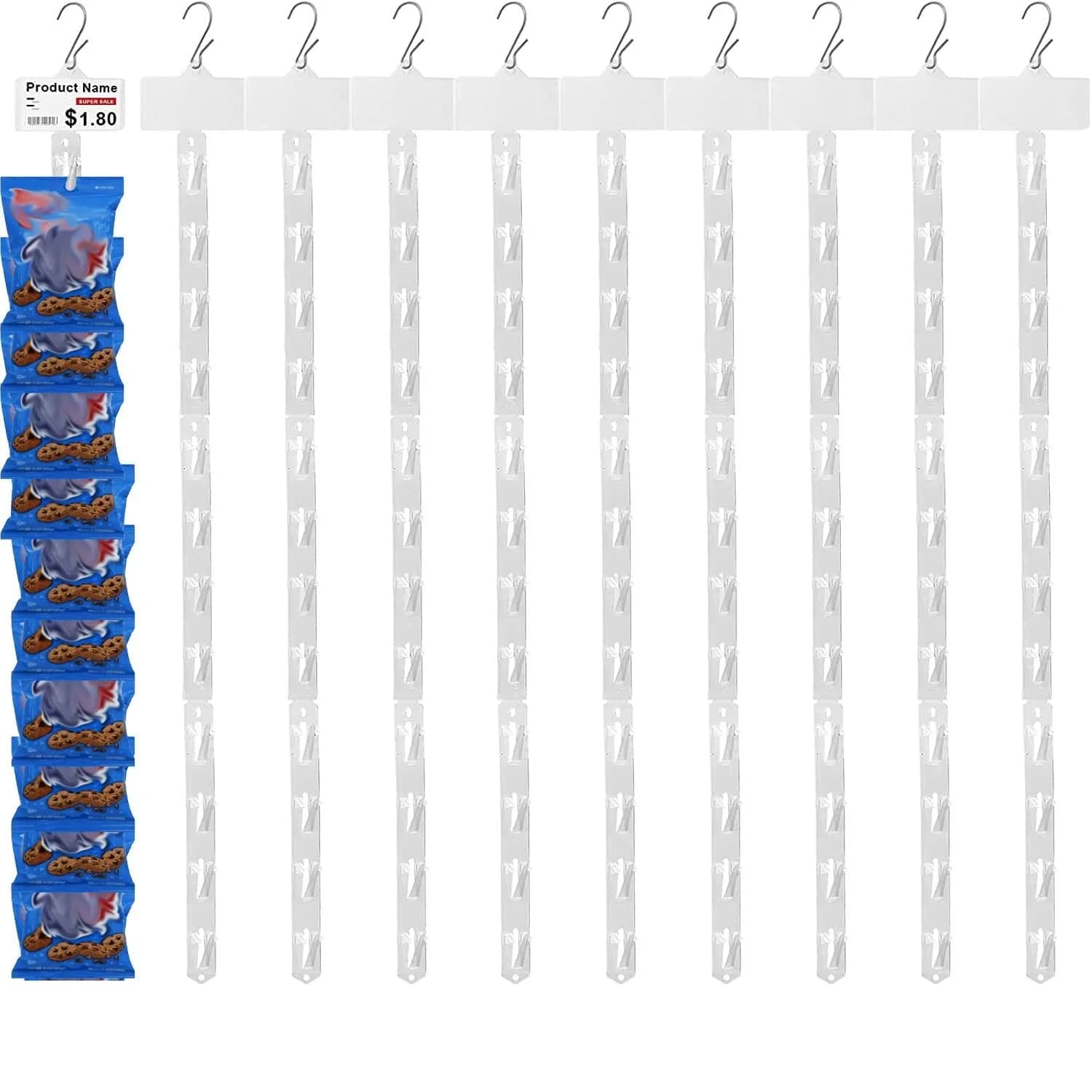 Strisce per stazioni da 10 pezzi Strisce per esposizione sospese con ganci Clip per esposizione di merci sulla striscia con intestazione per etichette per negozio al dettaglio