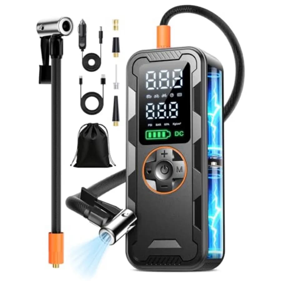 Compressore d'aria portatile per gonfiaggio pneumatici 150PSI, pompa elettrica con manometro digitale, gonfiaggio rapido, spegnimento automatico, 12V, LED